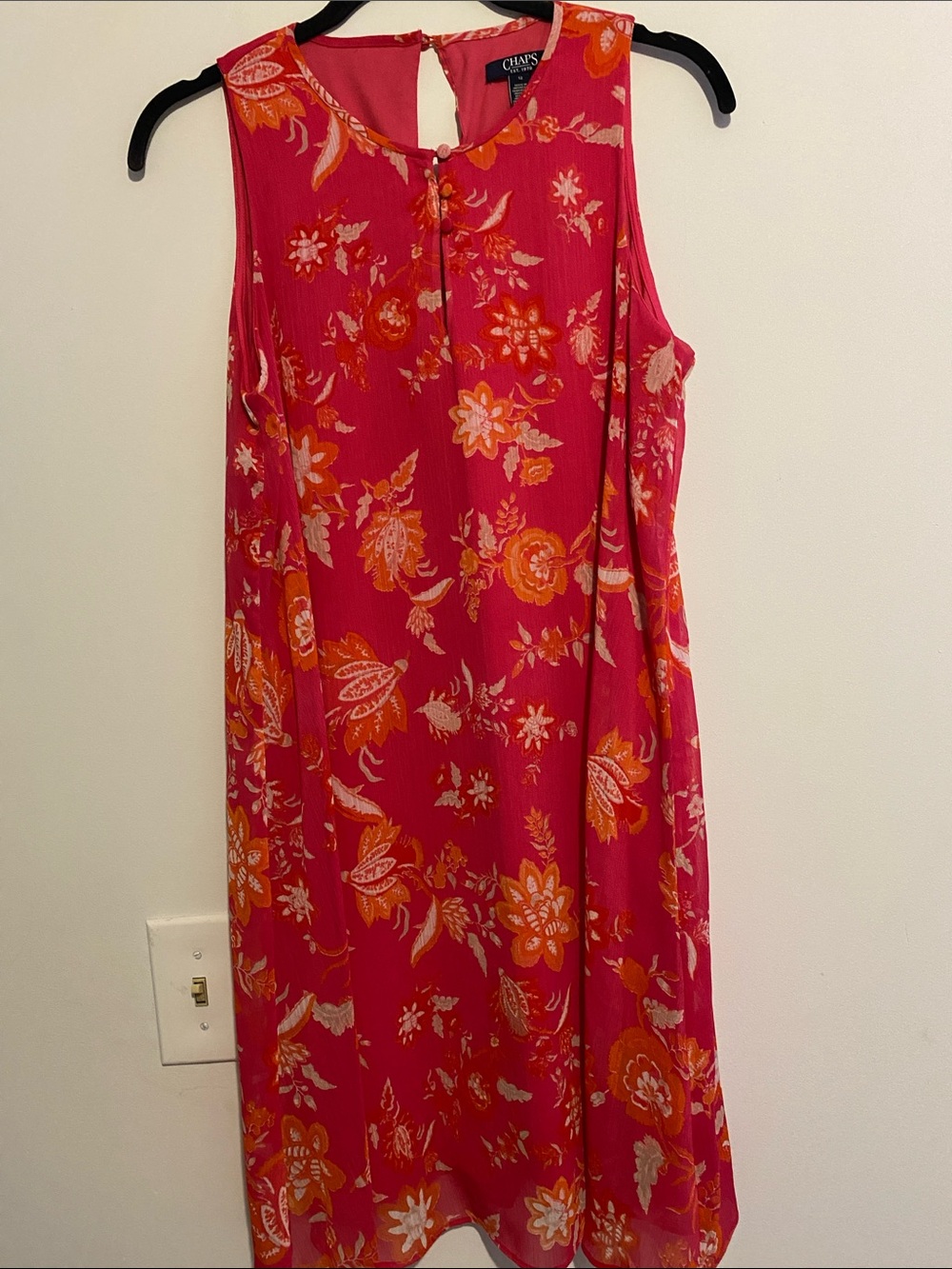 Chaps Dark Pink Floral Sleeveless Shift Dress with Orange & Cream Accents